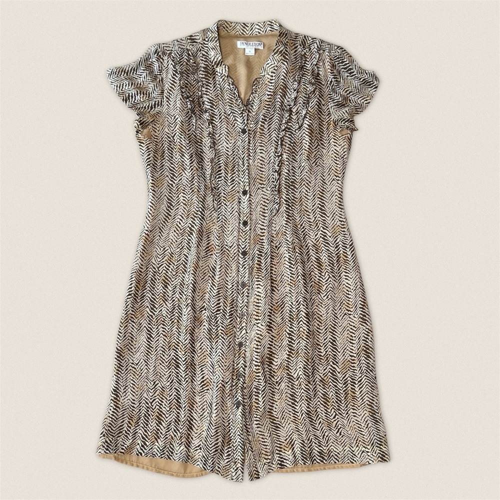 Pendleton Silk‎ Chevron Animal Print Ruffle Shirtdress Brown Tan Size 8 Petite